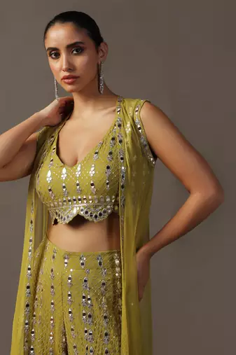Mehendi green crop top and high waisted pants with mirrorwork