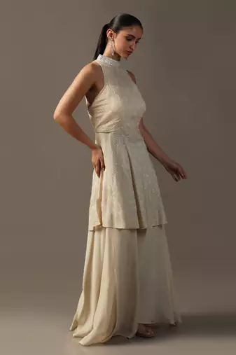 Ivory thread and sequin textured halter sharara set