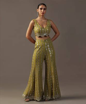 Mehendi green crop top and high waisted pants with mirrorwork 5