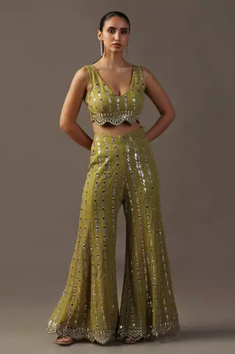 Mehendi green crop top and high waisted pants with mirrorwork