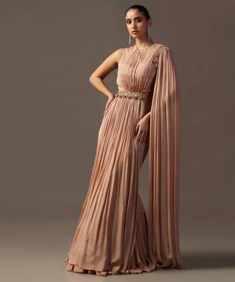 Dusky peach fitted lehenga and top with draped dupatta 1