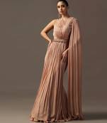 Dusky peach fitted lehenga and top with draped dupatta