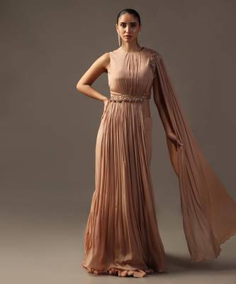 Dusky peach fitted lehenga and top with draped dupatta 2