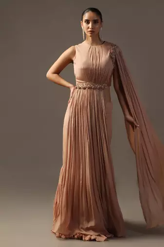 Dusky peach fitted lehenga and top with draped dupatta