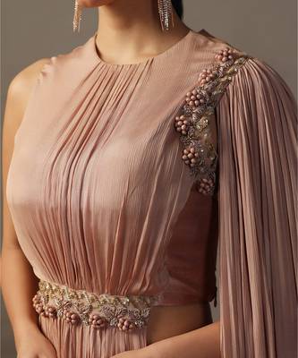 Dusky peach fitted lehenga and top with draped dupatta 4