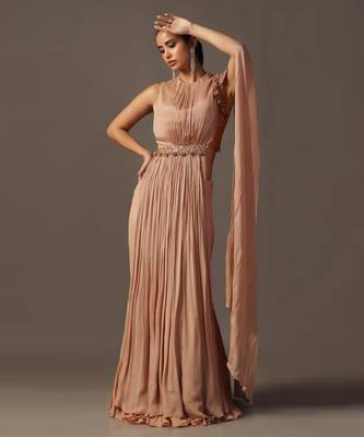 Dusky peach fitted lehenga and top with draped dupatta 5