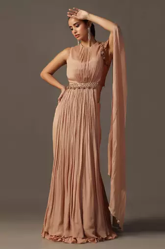 Dusky peach fitted lehenga and top with draped dupatta
