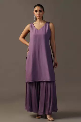Purple cape style fully embroidered kurta with sharara pants