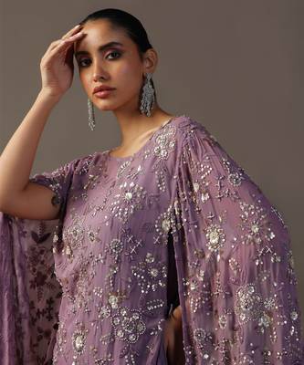 Purple cape style fully embroidered kurta with sharara pants 4