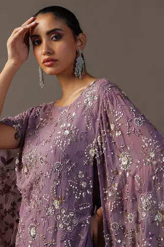 Purple cape style fully embroidered kurta with sharara pants