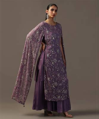 Purple cape style fully embroidered kurta with sharara pants 5