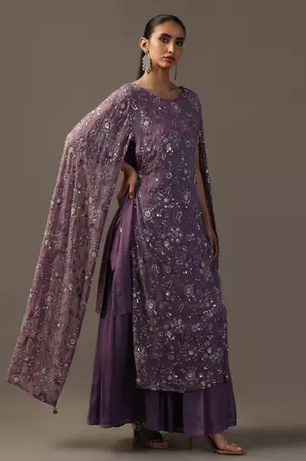Purple cape style fully embroidered kurta with sharara pants