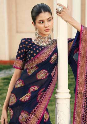 navy blue poly viscose georgette butta work banarasi saree 2