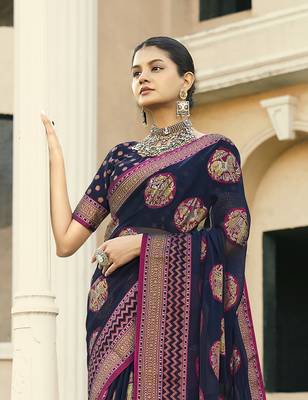 navy blue poly viscose georgette butta work banarasi saree 3