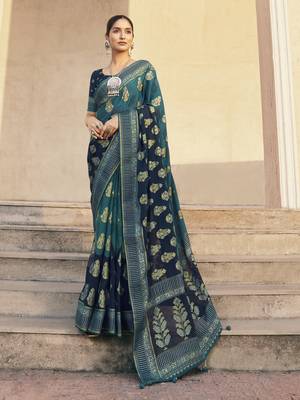 teal poly viscose georgette butta work banarasi saree 1