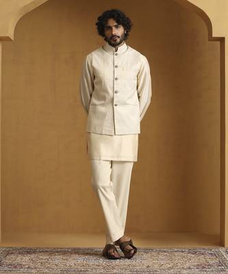 Offwhite hand embroidered chanderi kurta set with tissue nehru jacket set 1