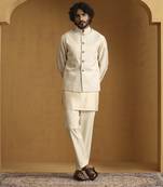 Offwhite hand embroidered chanderi kurta set with tissue nehru jacket set