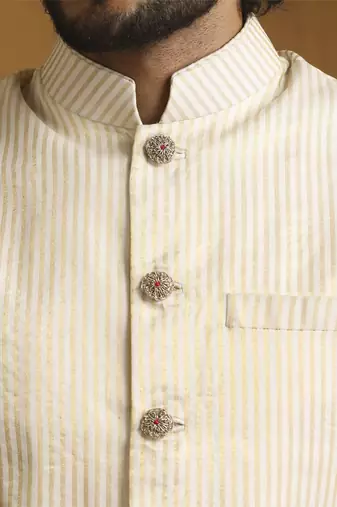 Offwhite hand embroidered chanderi kurta set with tissue nehru jacket set