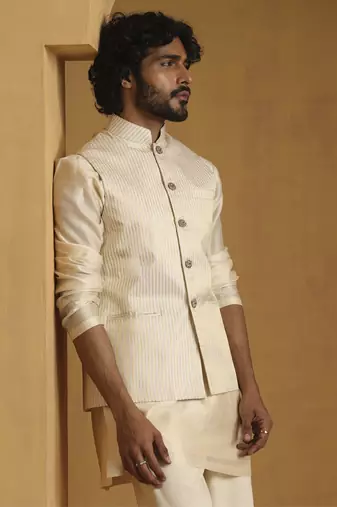 Offwhite hand embroidered chanderi kurta set with tissue nehru jacket set