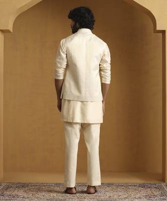 Offwhite hand embroidered chanderi kurta set with tissue nehru jacket set 5