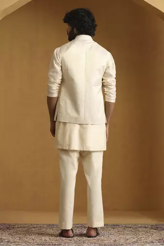 Offwhite hand embroidered chanderi kurta set with tissue nehru jacket set