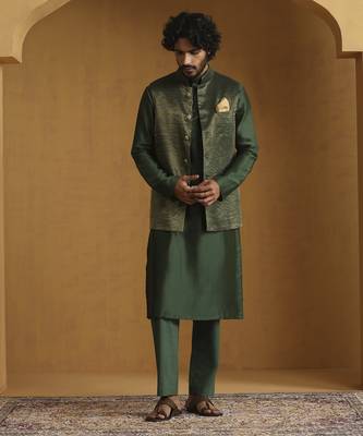 Green chanderi kurta set with tissue nehru jacket set 1