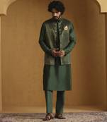 Green chanderi kurta set with tissue nehru jacket set