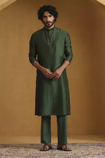 Green chanderi kurta set with tissue nehru jacket set