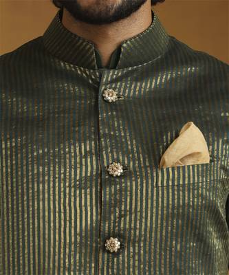 Green chanderi kurta set with tissue nehru jacket set 3