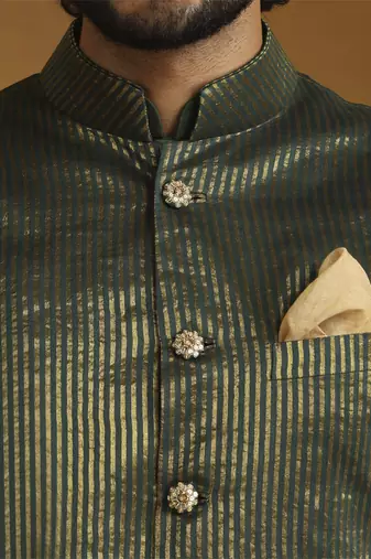 Green chanderi kurta set with tissue nehru jacket set