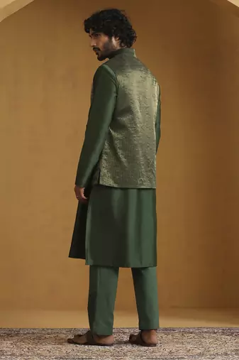 Green chanderi kurta set with tissue nehru jacket set