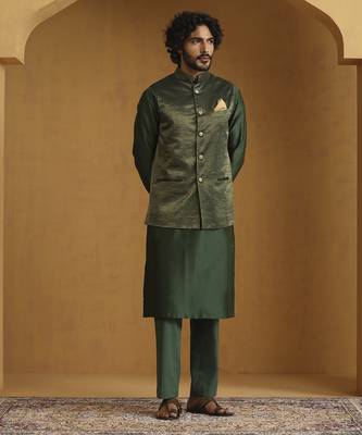 Green chanderi kurta set with tissue nehru jacket set 5