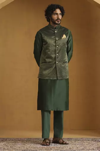 Green chanderi kurta set with tissue nehru jacket set