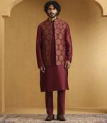 Maroon chanderi kurta set with moonga silk nehru jacket set