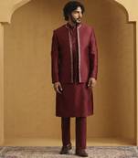 Maroon chanderi kurta set with chanderi silk bandhgala nehru jacket set