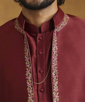 Maroon chanderi kurta set with chanderi silk bandhgala nehru jacket set 2