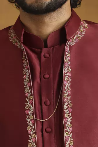 Maroon chanderi kurta set with chanderi silk bandhgala nehru jacket set