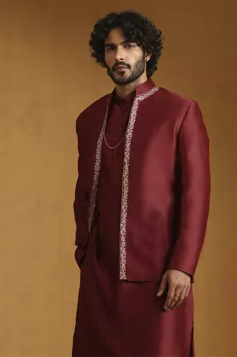 Maroon chanderi kurta set with chanderi silk bandhgala nehru jacket set