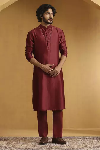 Maroon chanderi kurta set with chanderi silk bandhgala nehru jacket set