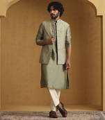 Moss green chanderi kurta set with moonga silk nehru jacket set