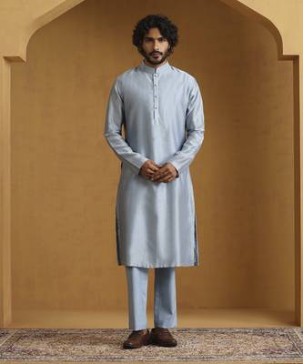 Blue chanderi kurta set with moonga silk nehru jacket set 1