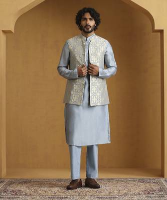 Blue chanderi kurta set with moonga silk nehru jacket set 2