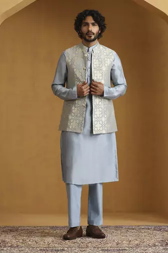 Blue chanderi kurta set with moonga silk nehru jacket set