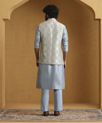 Blue chanderi kurta set with moonga silk nehru jacket set 3