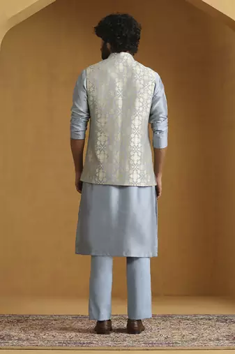 Blue chanderi kurta set with moonga silk nehru jacket set