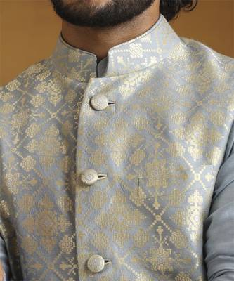 Blue chanderi kurta set with moonga silk nehru jacket set 4