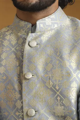Blue chanderi kurta set with moonga silk nehru jacket set