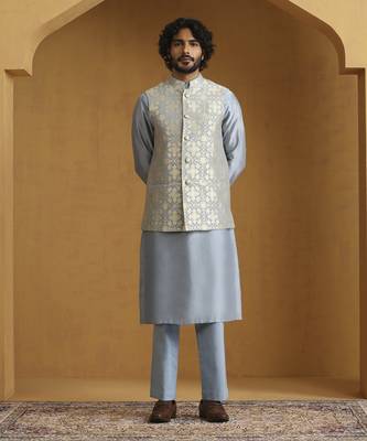 Blue chanderi kurta set with moonga silk nehru jacket set 5