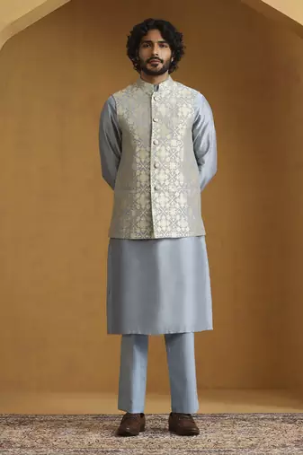 Blue chanderi kurta set with moonga silk nehru jacket set