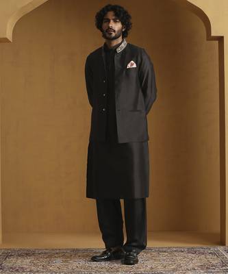 Black chanderi kurta with salwar and nehru jacket set 1